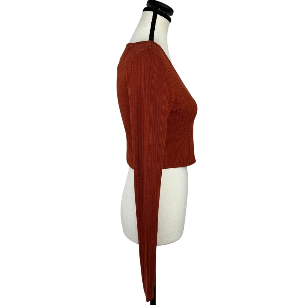 Womens Y2K Crop Top Small Orange Ribbed Fitted Minimalist Festival Cardigan NWT